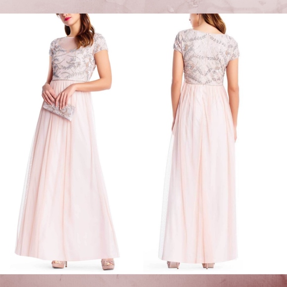 NWT Adrianna Papell Leaf Motif Beaded Tulle Gown - Picture 1 of 11